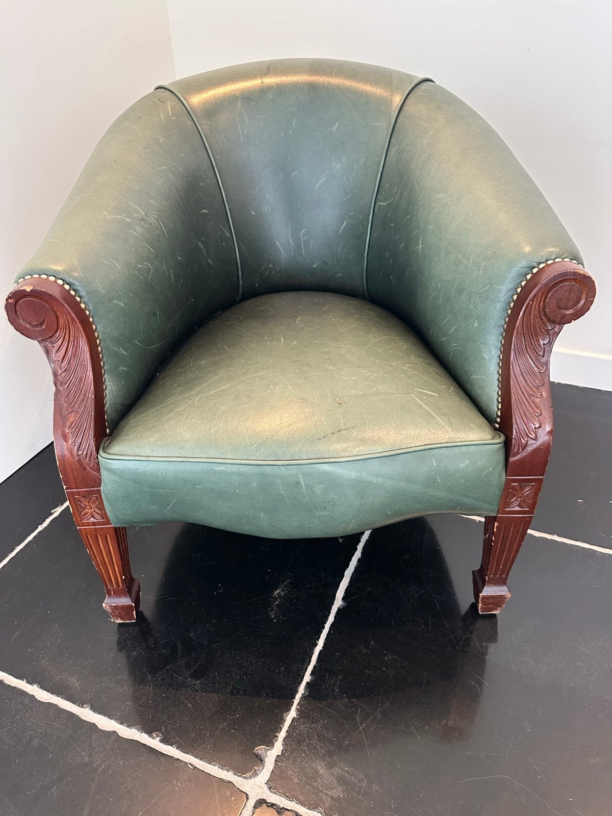 Vintage Groen Leren Fauteuil met Houten Details, Ophalen