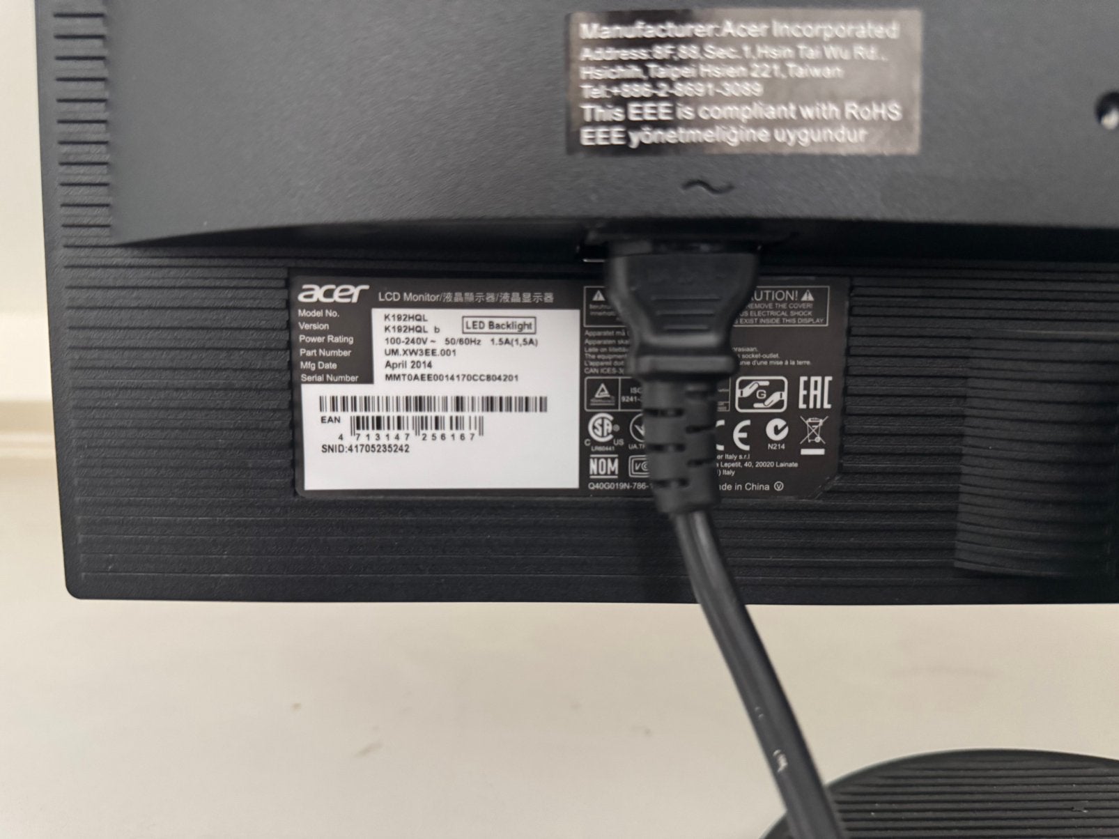 Acer Monitor K192HQL, Ophalen, Draaibaar, Gebruikt, 3 tot 5 ms