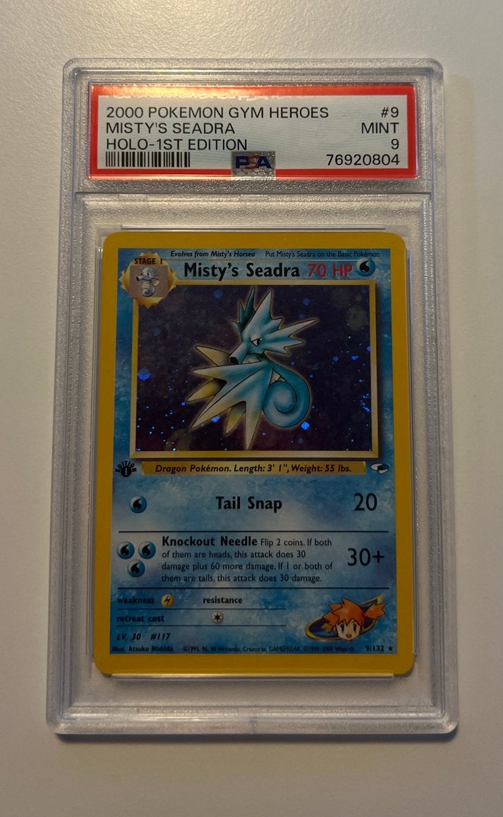 Misty's Seadra 9/132 - 1st Ed. - Swirl - Gym Heroes - PSA 9, Ophalen of Verzenden, Zo goed als nieuw, Losse kaart