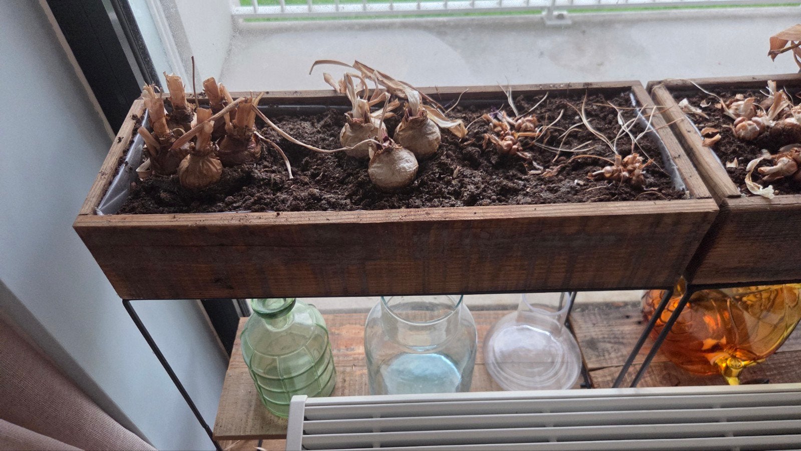 3x Houten plantenbak met metalen onderstel, Ophalen, Gebruikt, Metaal, 60 cm of meer