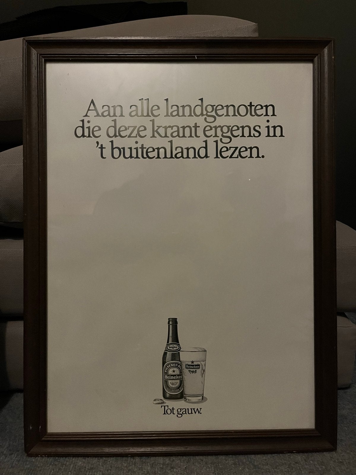 Vintage Heineken Poster: 'Aan alle landgenoten', Verzamelen, Biermerken, Gebruikt, Reclamebord, Plaat of Schild, Heineken, Ophalen of Verzenden