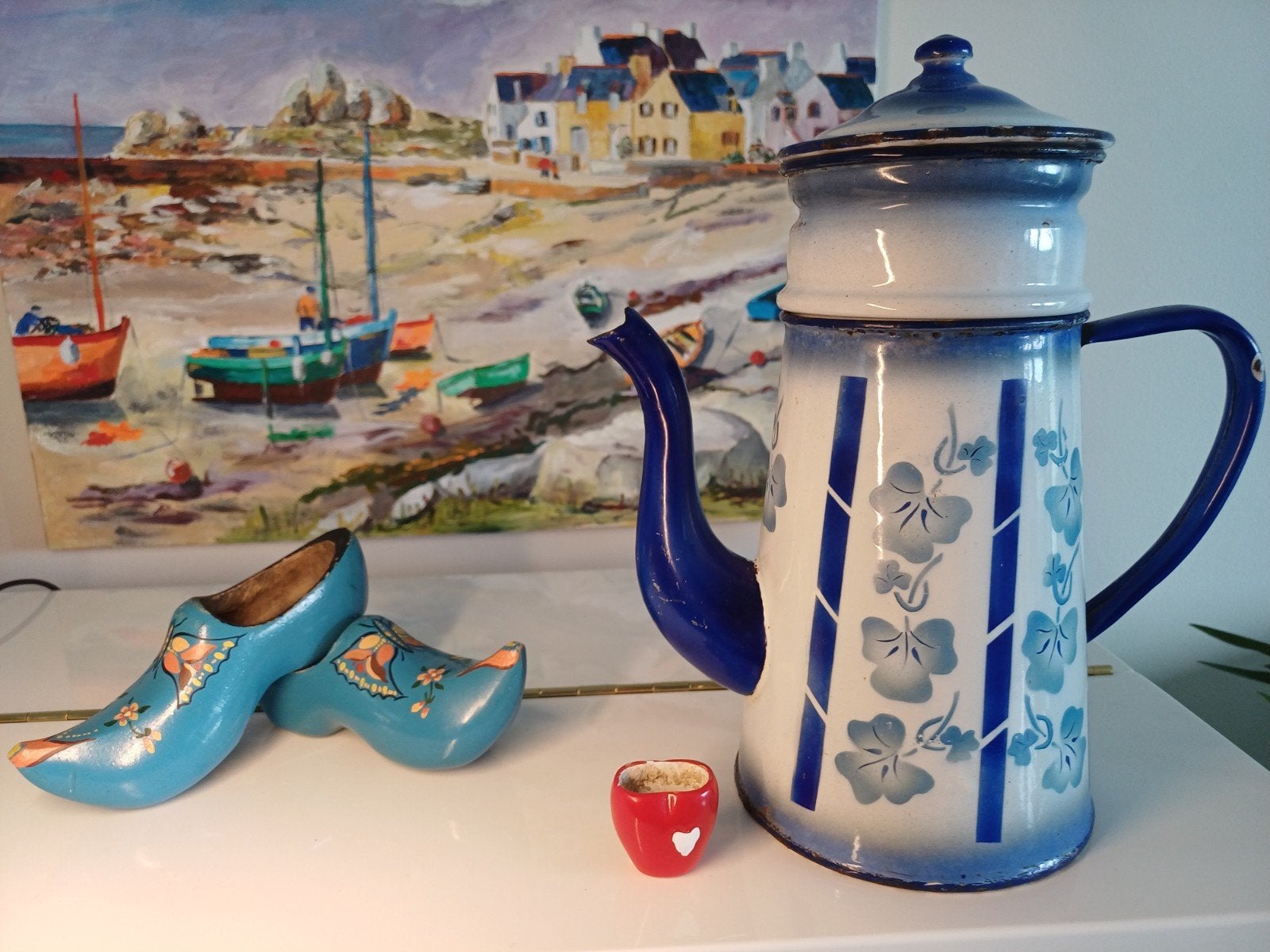 Frans koffiepotje met blauw/wit motiefje, Ophalen of Verzenden
