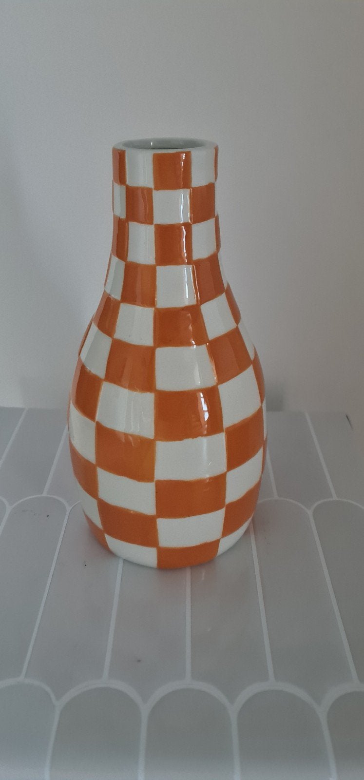 Oranje/wit geblokte vaas - Xenos, Ophalen of Verzenden, Zo goed als nieuw, Oranje