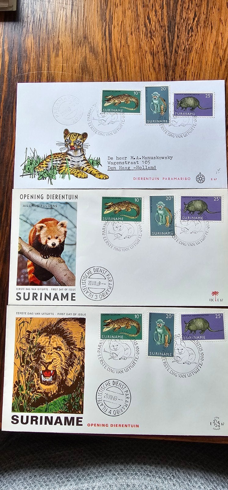 3 FDC's Suriname E67 - Opening Dierentuin Paramaribo, Verzenden, Nederland