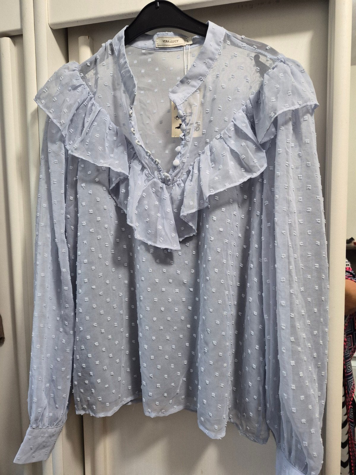 Kalk blauw voile blouse met dots L voillant v gevoerd, Blauw, Maat 42/44 (L), Nieuw, Ophalen of Verzenden