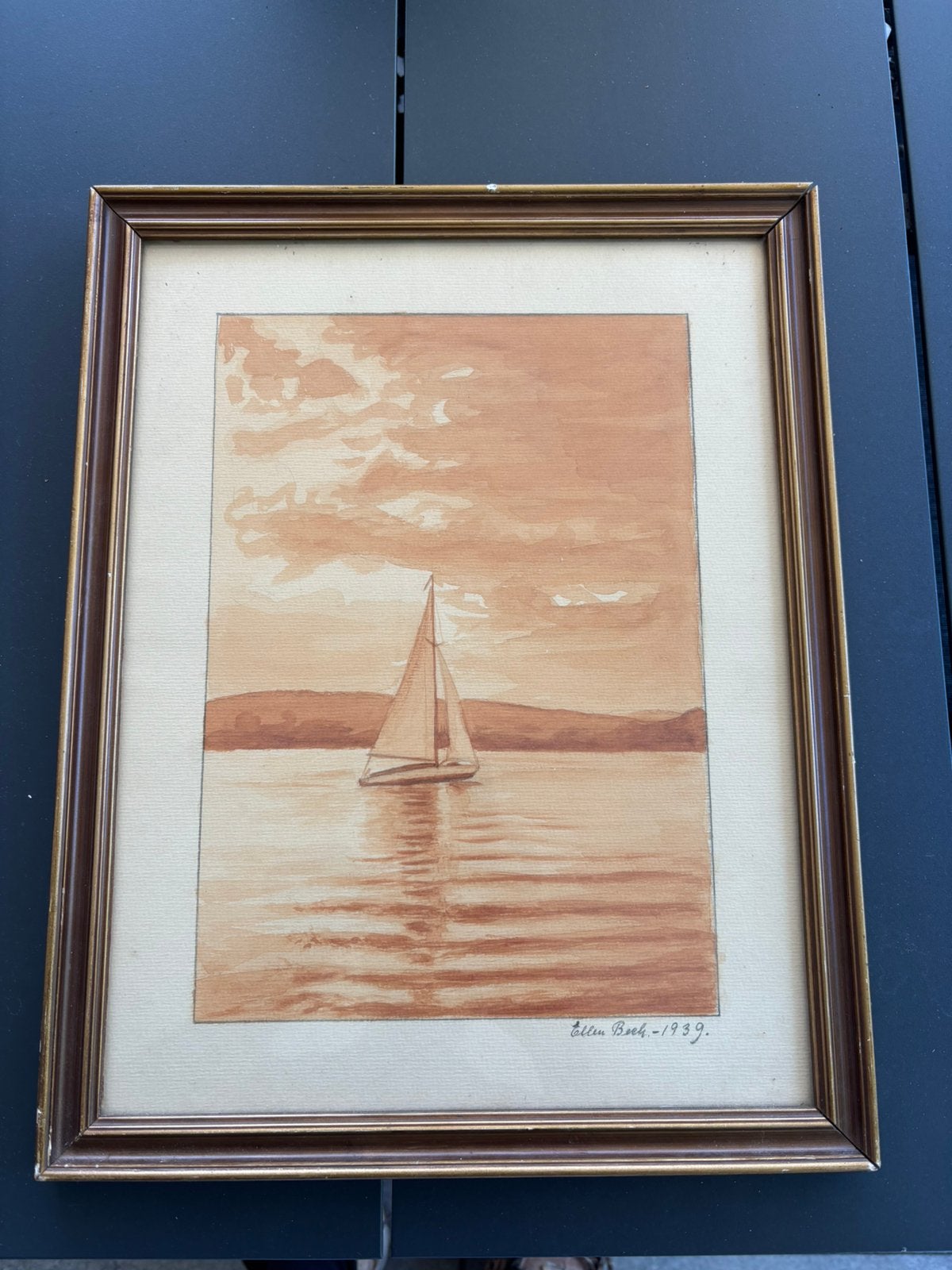 Vintage Aquarel Ellen Beek 1939 zeilboot, Ophalen of Verzenden