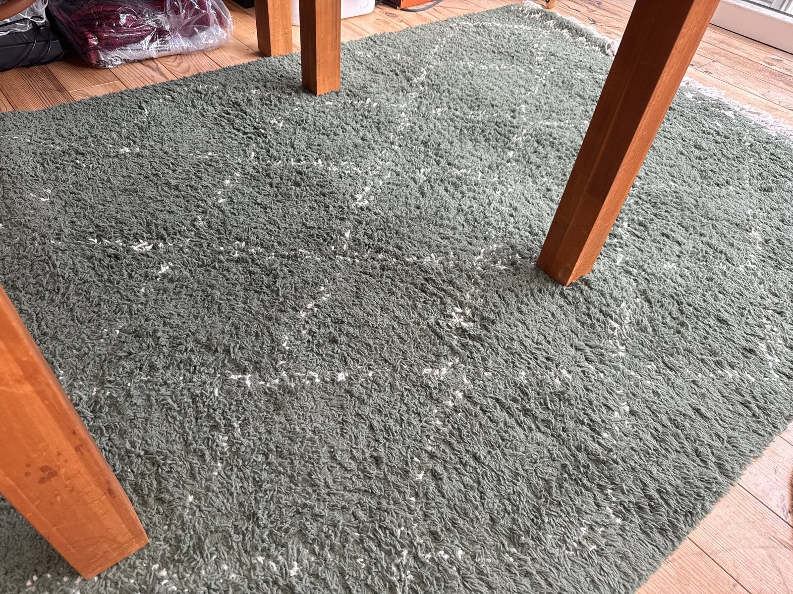 Groen vloerkleed met wit patroon, Gebruikt, 150 tot 200 cm, Ophalen of Verzenden, 150 tot 200 cm
