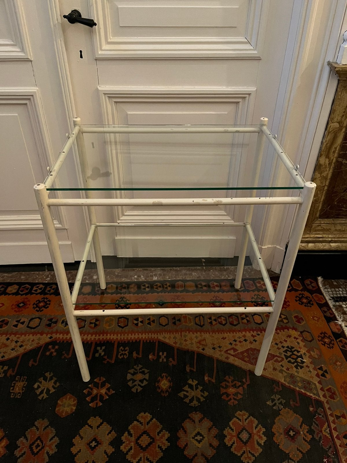 VINTAGE RETRO IJZEREN REK TAFEL MET GLAZEN BLADEN, Ophalen