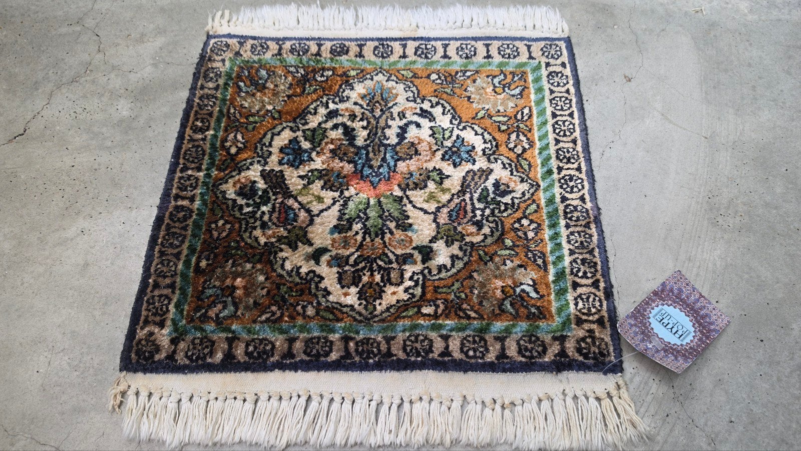 Handgeknoopt oosters Zijde Kashmir tapijt square 40x40cm, Vintage, Perzisch, Oosters, Minder dan 50 cm, Gebruikt, Vierkant