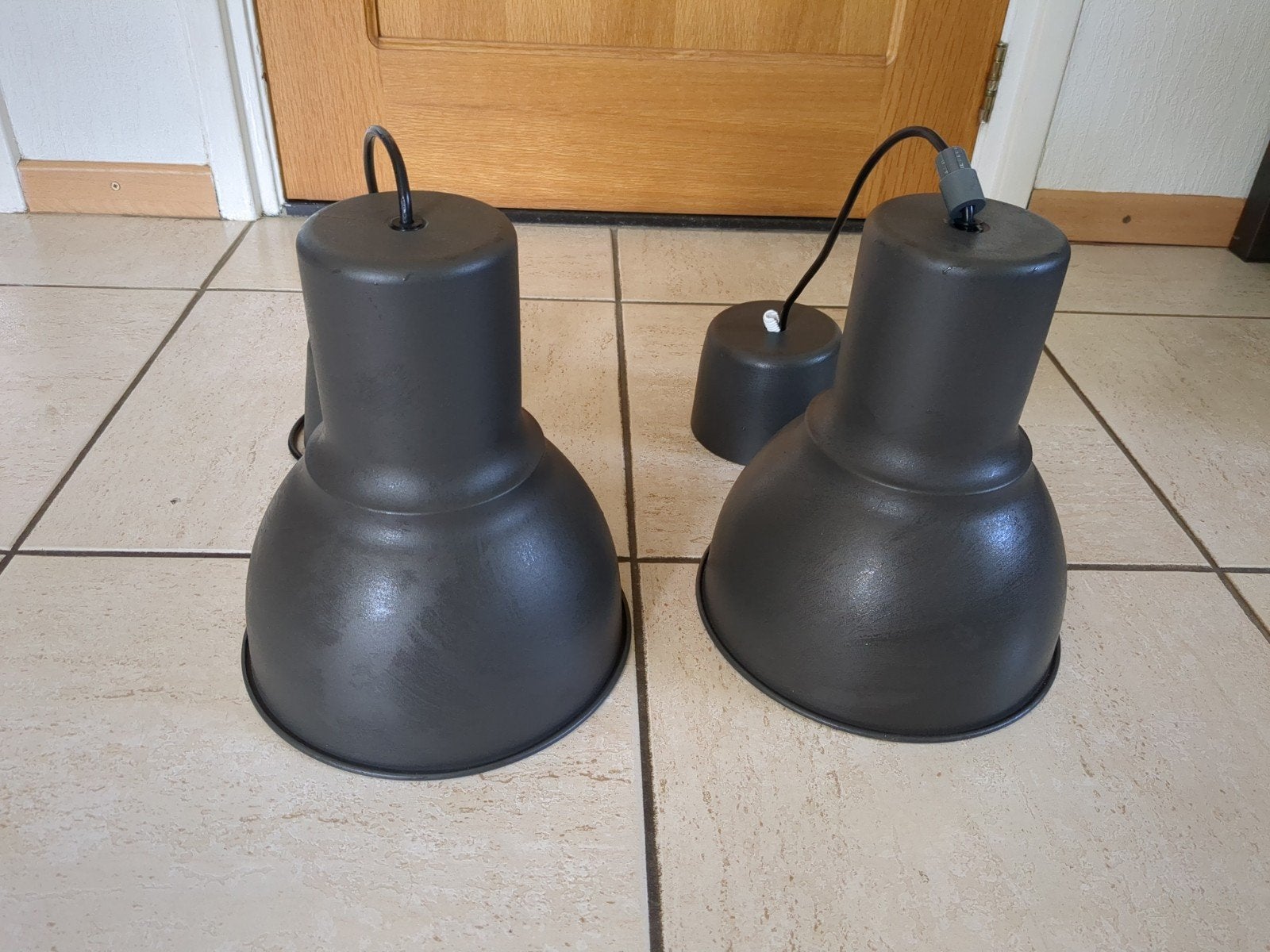 Twee IKEA Hektar hanglampen met Calex peer, Zo goed als nieuw, Metaal, Industrieel, E27 (groot)