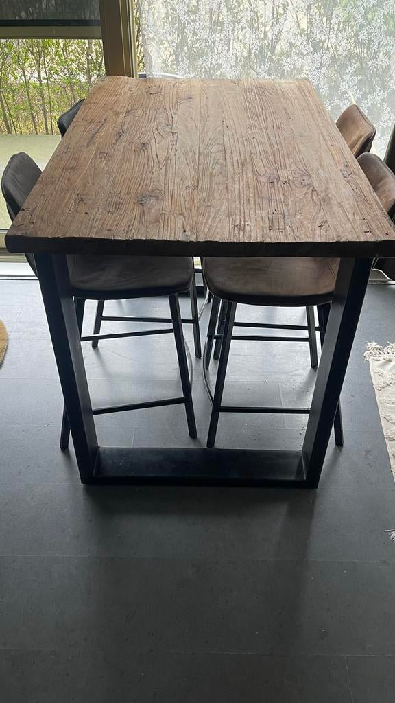 Pronto Wonen Romaro Bartafel (Massief Teak) + 4 Barkrukken, Ophalen, Gebruikt, 100 tot 150 cm, Teakhout