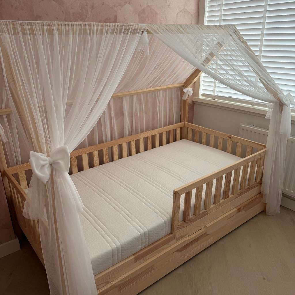 Bedhuisje met lade, matras en hemel 170x90, Kinderen en Baby's, Kinderkamer | Bedden, Ophalen, 70 tot 85 cm, Zo goed als nieuw