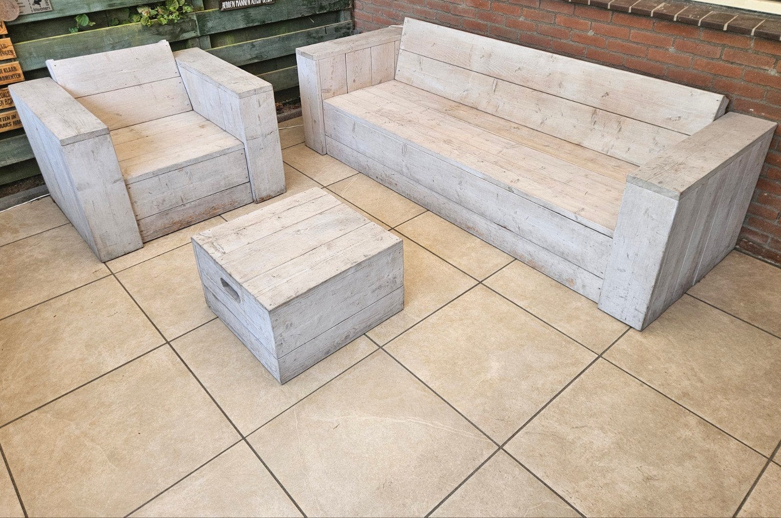 Steigerhouten Loungeset - Bank, Stoel en Hocker, Ophalen, 4 zitplaatsen, Gebruikt, Steigerhout