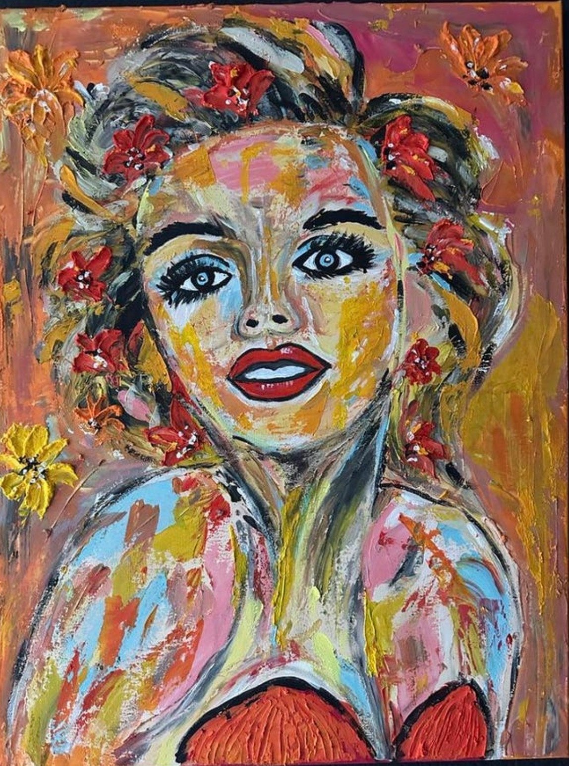 Levendig Portret: Marilyn Monroe met Bloemen, Antiek en Kunst, Acrylverf, Handgeschilderd, Ophalen of Verzenden, Portret