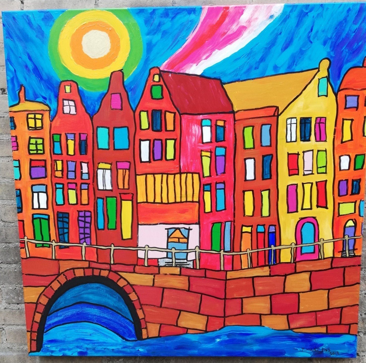 Amsterdamse grachtenpanden. Naïve stijl. Acryl/doek., Ophalen, Handgeschilderd, Acrylverf, Stadsgezicht