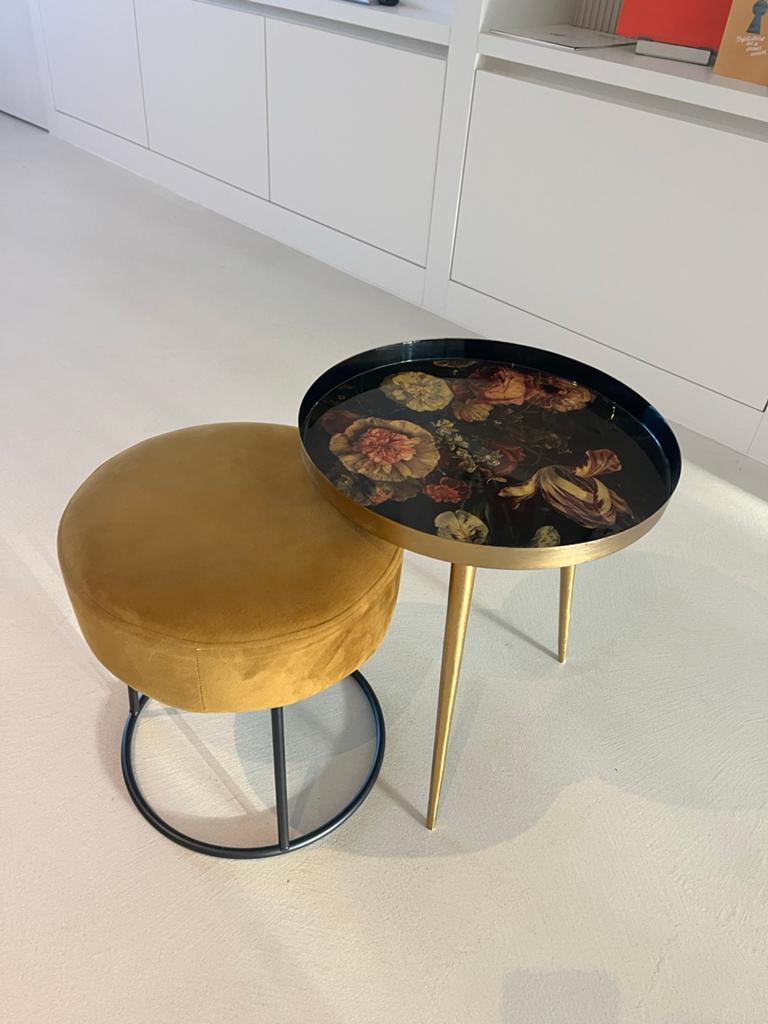 Bijzettafel en krukje set - Goud en zwart met bloemenprint, 45 tot 60 cm, Minder dan 55 cm, Metaal of Aluminium, Rond