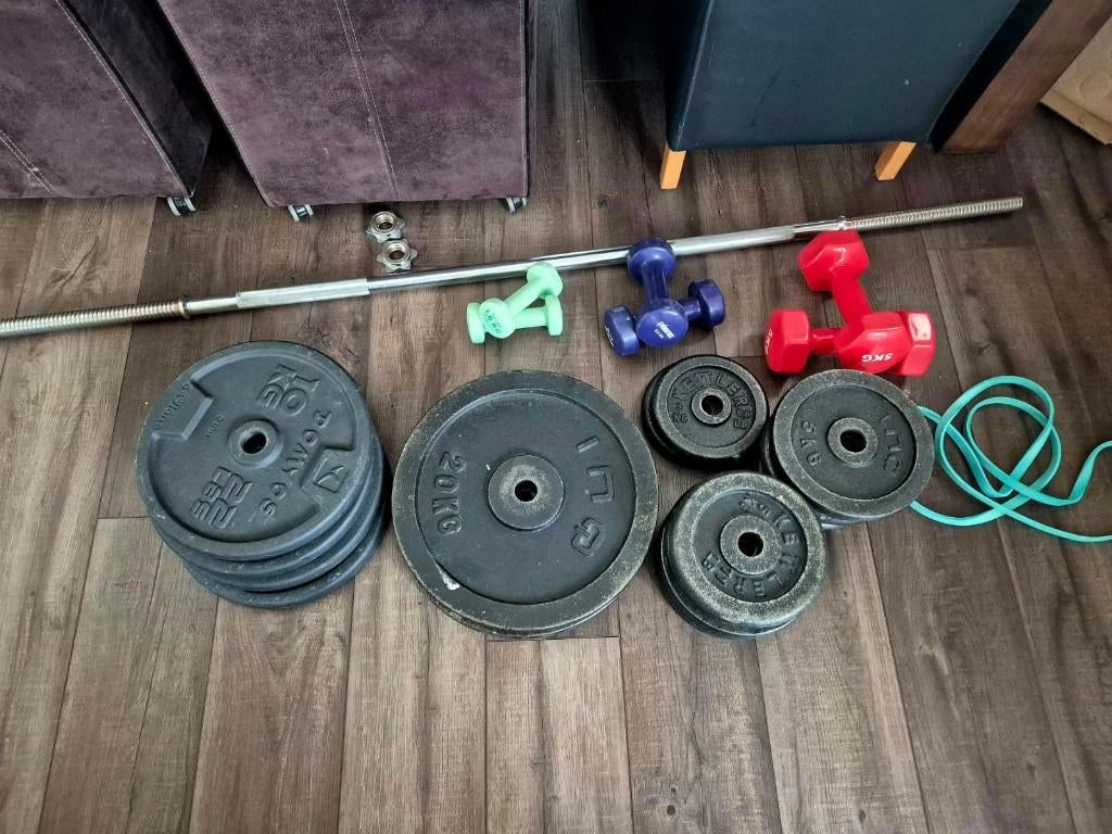 Gewicht schijven met halter en dumbbells, Sport en Fitness, Fitnessmaterialen, Ophalen, Gebruikt, Benen, Halterset