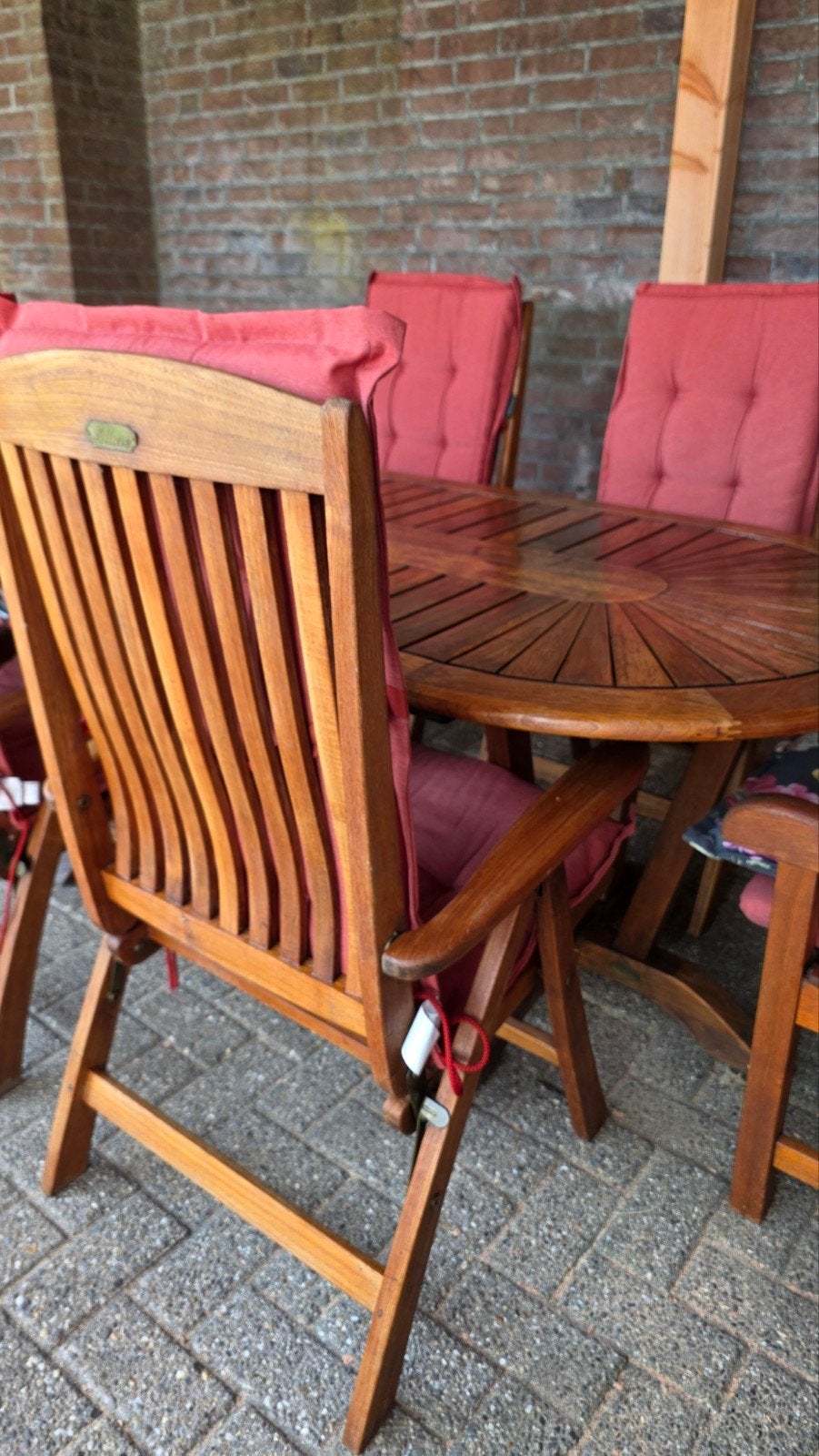 Allure Teak Tuinset met 6 Stoelen, Kussens en Parasol, Ophalen, Gebruikt, 6 zitplaatsen, Teakhout