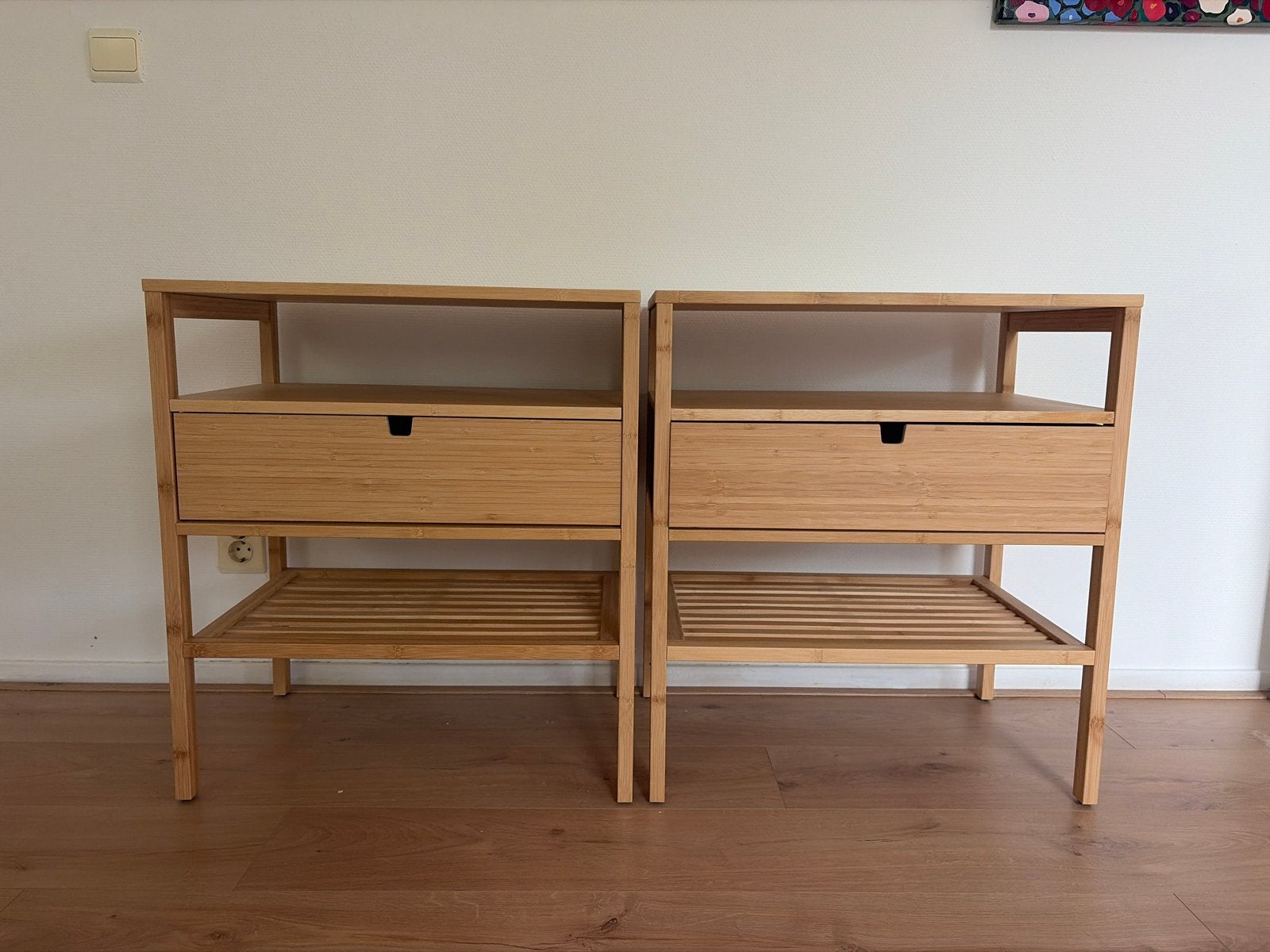 Ikea Nordiska bamboe nachtkastjes (2 stuks), Ophalen, Gebruikt, 50 tot 100 cm, Minder dan 100 cm