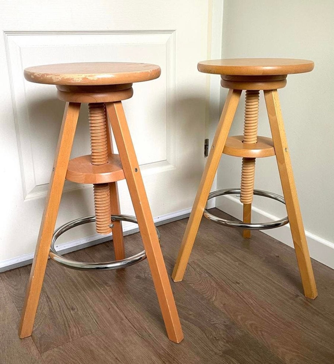 2 X Pottenbakkers-Kruk Bar-Kruk Plantentafel Hout Chroom 80s, Ophalen, In hoogte verstelbaar, Zo goed als nieuw, Hout