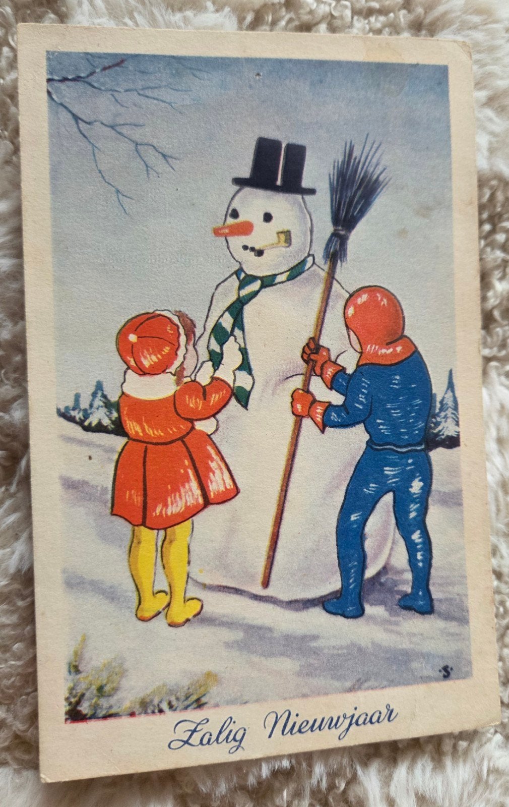Vintage Kerstkaart - Sneeuwpop met Kinderen, Verzenden, 1960 tot 1980, Gelopen, Feest(dag)