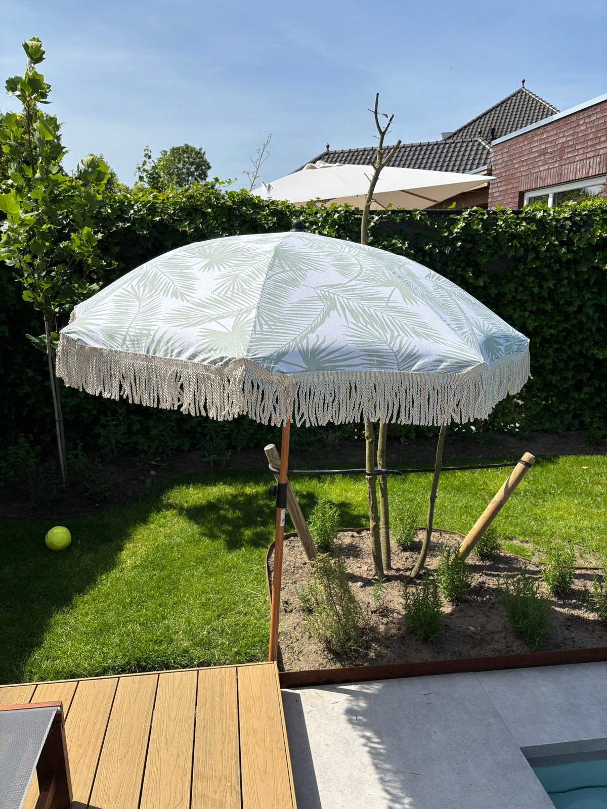 Parasol Rivièra Maison zgan! Palmboomprint, Ophalen, Kantelbaar, Zo goed als nieuw, 1 tot 2 meter