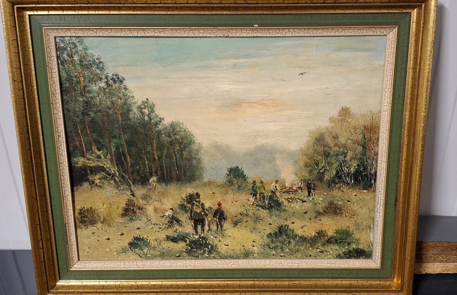 Olieverfschilderij C.O. Fey - Herbolliche Jagdpause, Ophalen of Verzenden