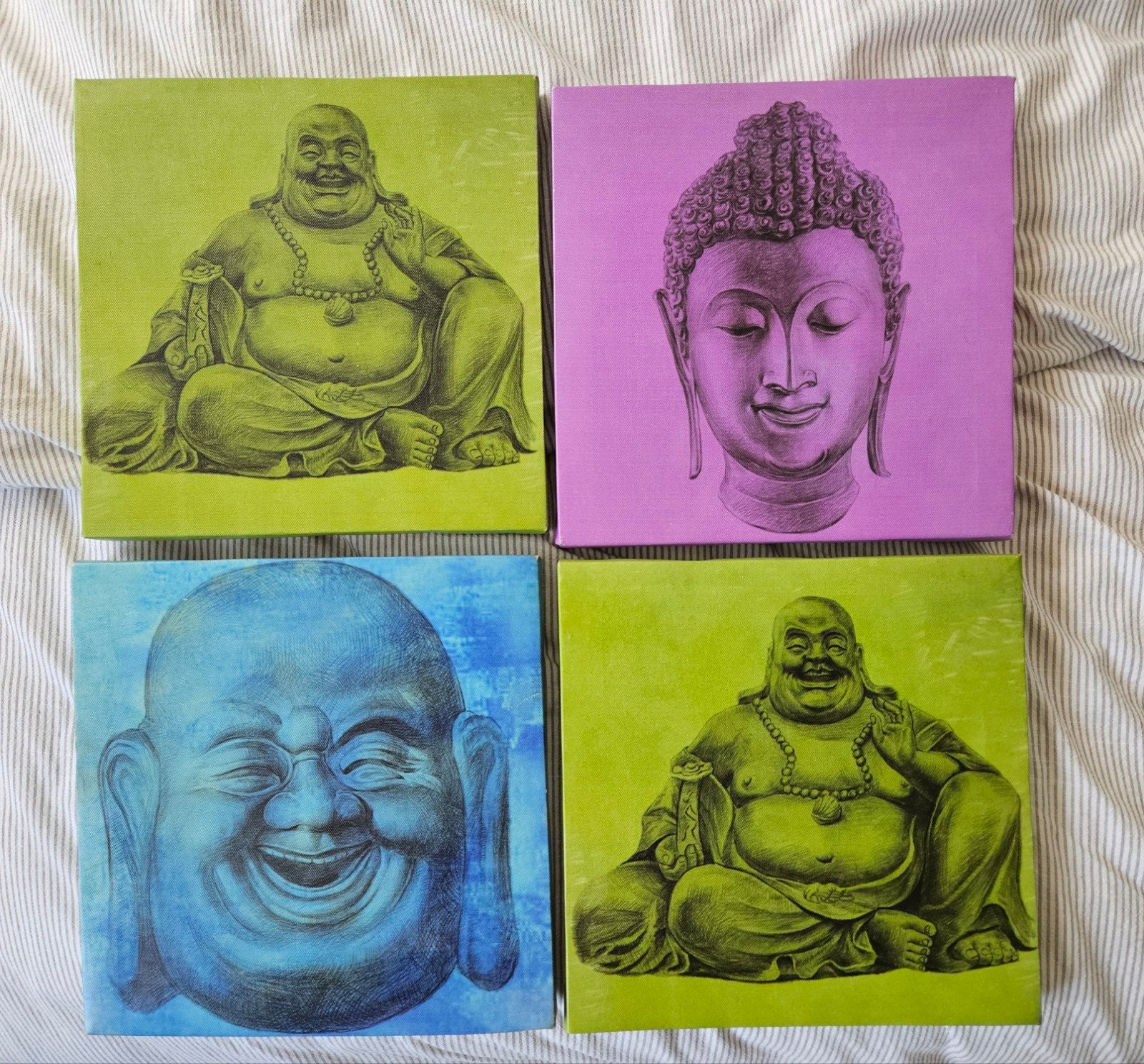 4 Boeddha canvas schilderijen 25x25 cm, Minder dan 50 cm, Gebruikt, Ophalen of Verzenden, Schilderij