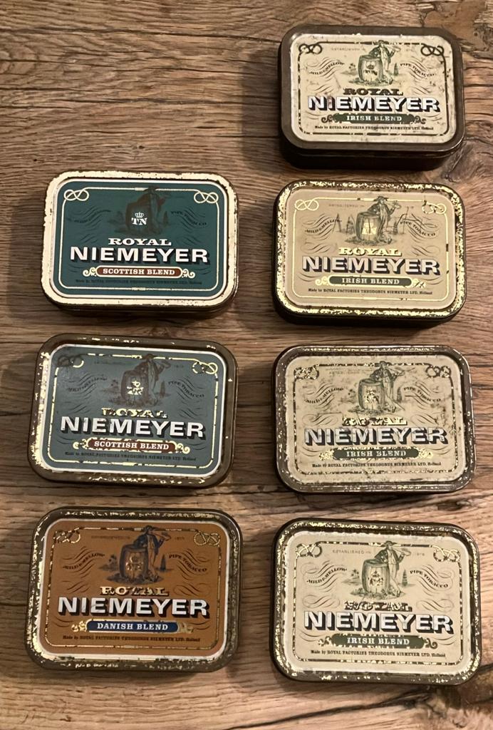 7 Vintage tabaksblikken Royal Niemeyer, Ophalen of Verzenden, Gebruikt, Tabaksdoos of Verpakking