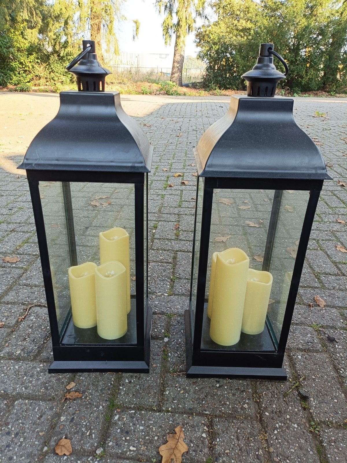 Kunststof windlichten met LED kaarsen en timerfunctie, Ophalen, Gebruikt, Kunststof, Windlicht