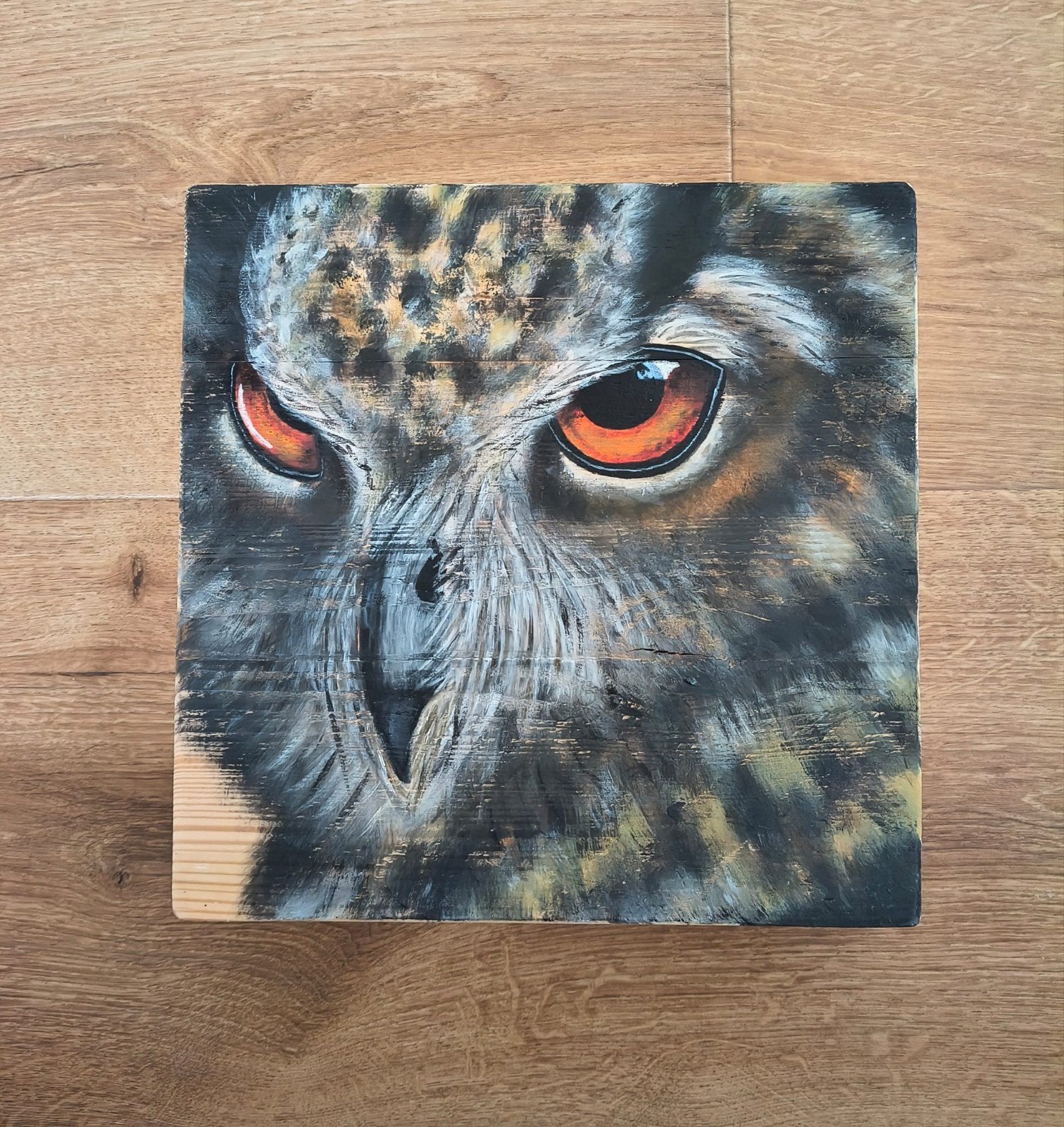 Handgeschilderde oehoe op hout, Ophalen of Verzenden