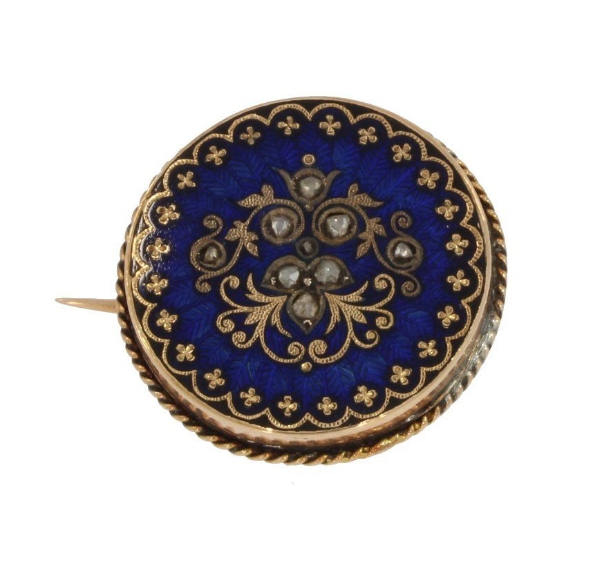 Diamanten antieke emaille 14k gouden broche blauw fraai