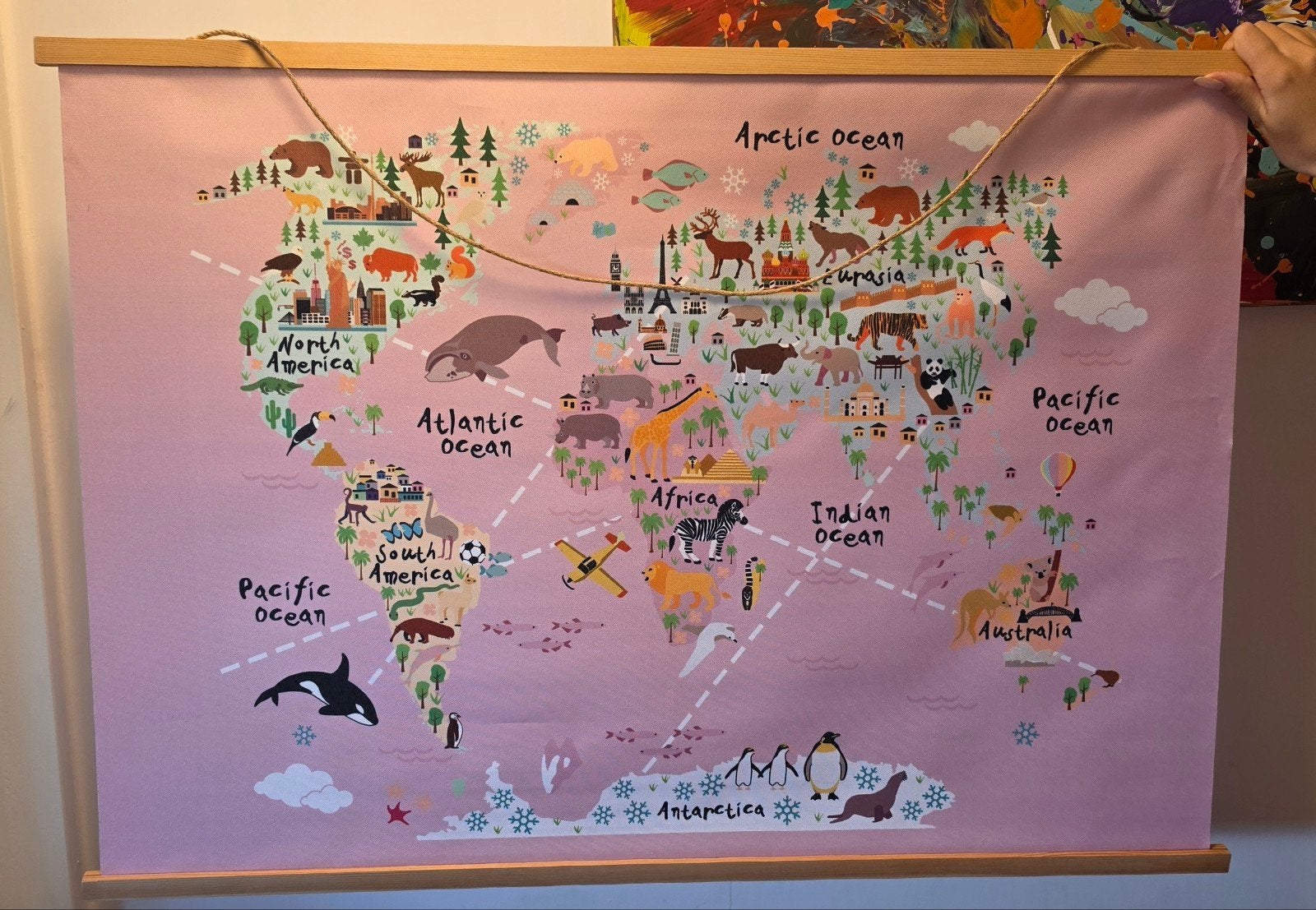 Wereldkaart voor Kinderkamer - Roze met Dieren, Kinderen en Baby's, Ophalen, Nieuw, Wanddecoratie, Ophangbaar