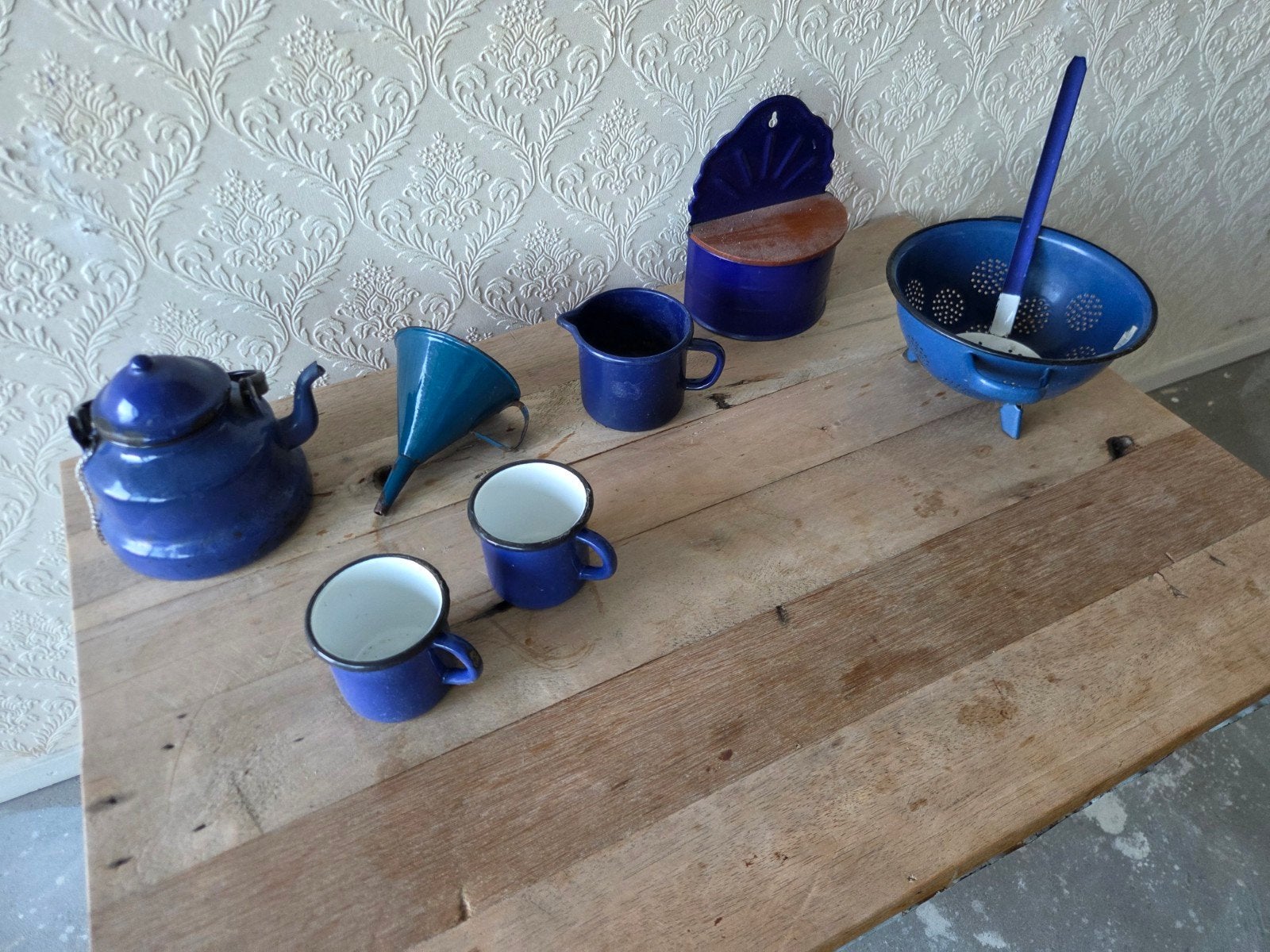 Vintage blauw emaille keukengerei set, Antiek en Kunst, Antiek | Emaille, Ophalen