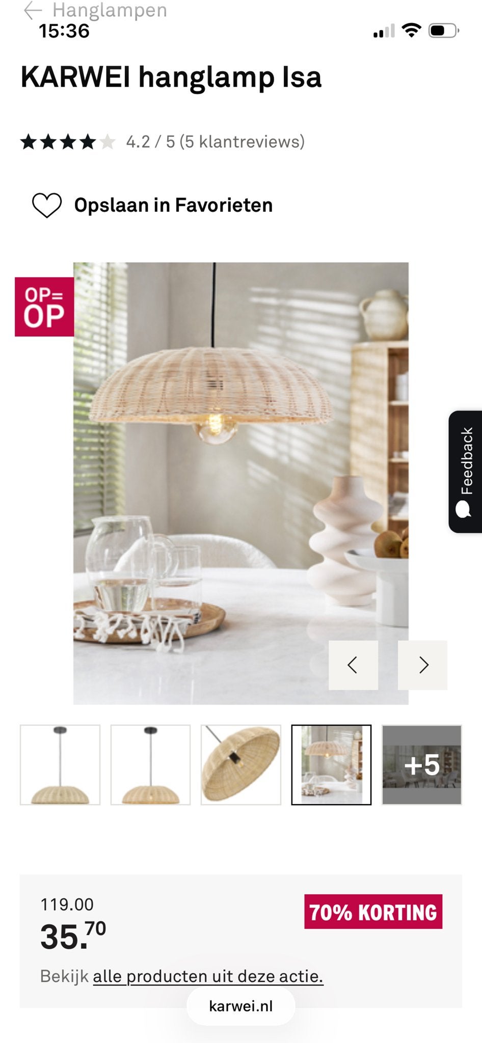 Karwei hanglamp Isa - Rotan/riet look, Ophalen, Zo goed als nieuw, Natuurlijk materiaal, E27 (groot)