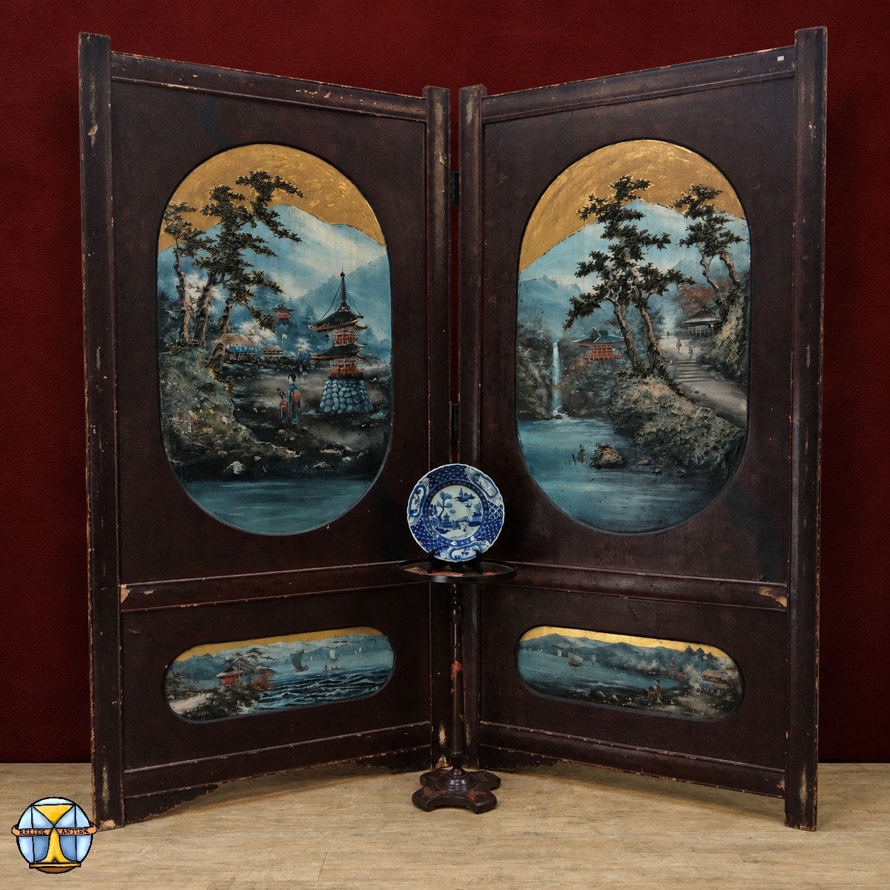 Vintage rood Chinees Kamerscherm (tempels en landschap), Gebruikt, ., Ophalen of Verzenden, .