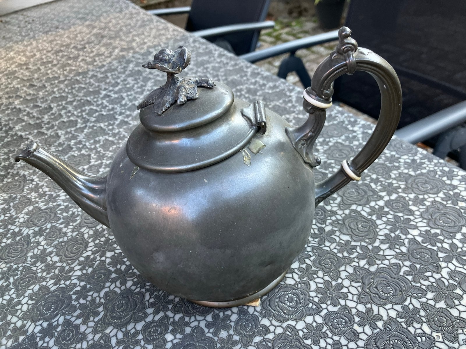 Antieke tinnen theepot met roosdecoratie, Antiek en Kunst, Ophalen