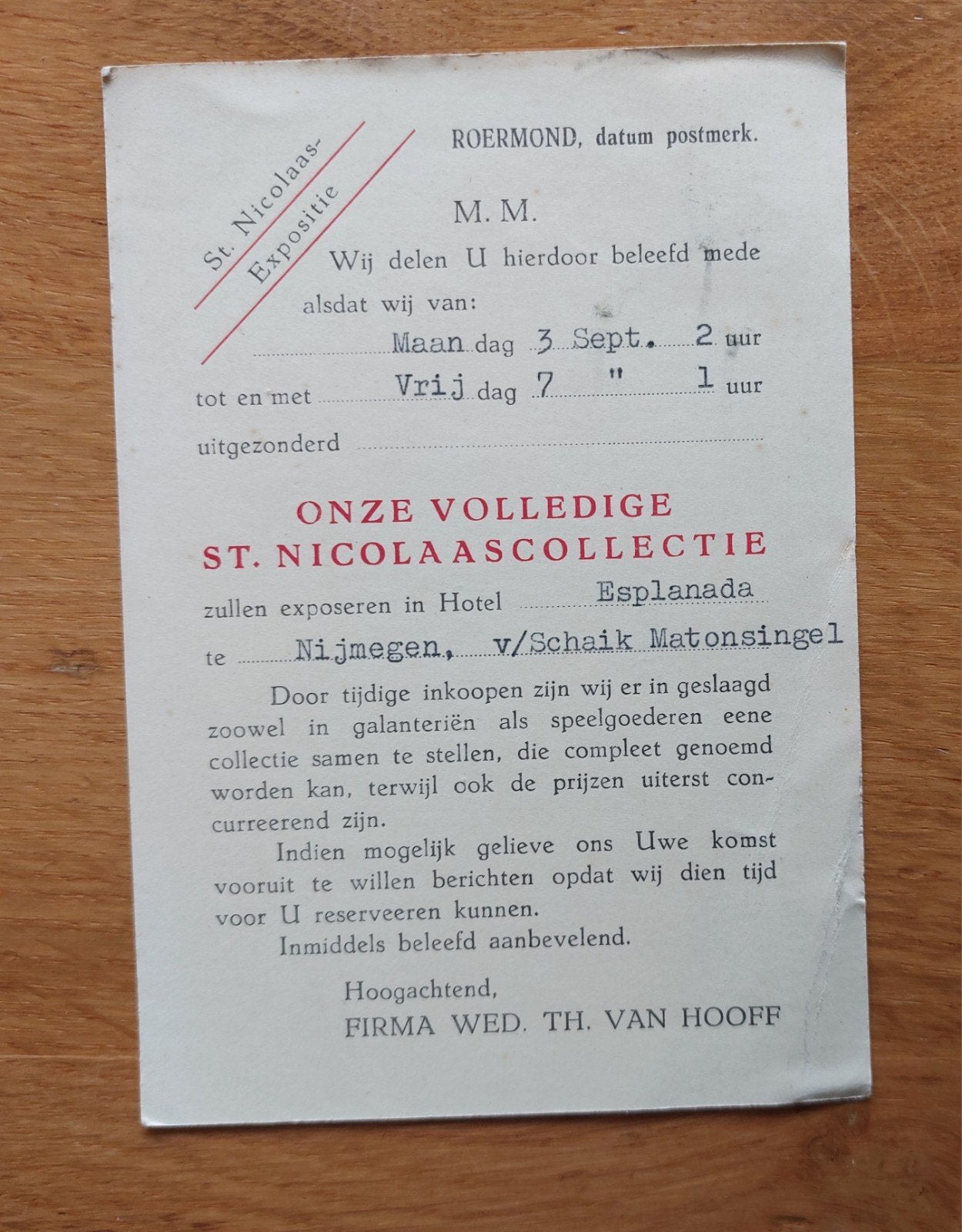 Oude briefkaart St. Nicolaas Expositie Roermond 1954, Ophalen of Verzenden, 1940 tot 1960, Ongelopen, Limburg