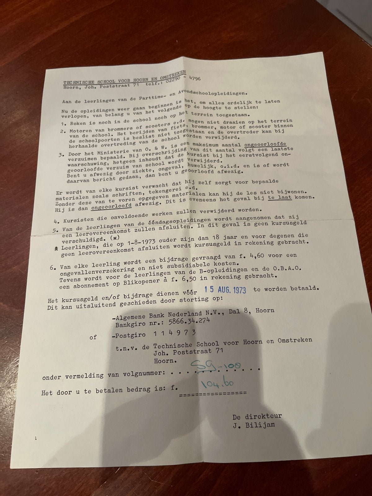 Regels en kosten Technische School Hoorn 1973, Ophalen of Verzenden, Gelezen