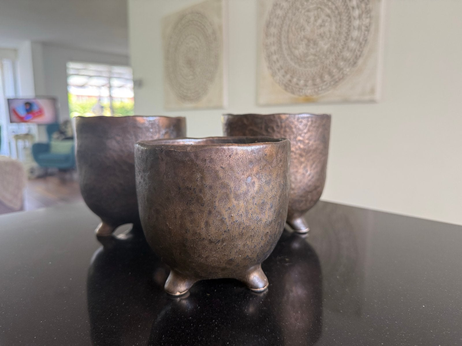 Set van 3 bronzen/Goudkleur potten op pootjes, Vintage, Ophalen of Verzenden, Zo goed als nieuw, Metaal