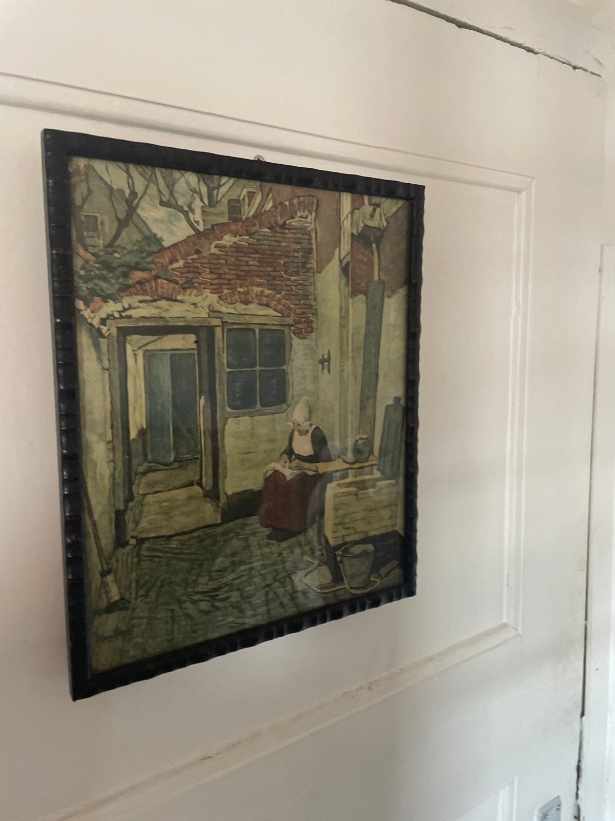 Oud Hollands tafereel: Vrouw leest in steegje, Doek, Portret of Personen, Oud hollands, Ophalen of Verzenden
