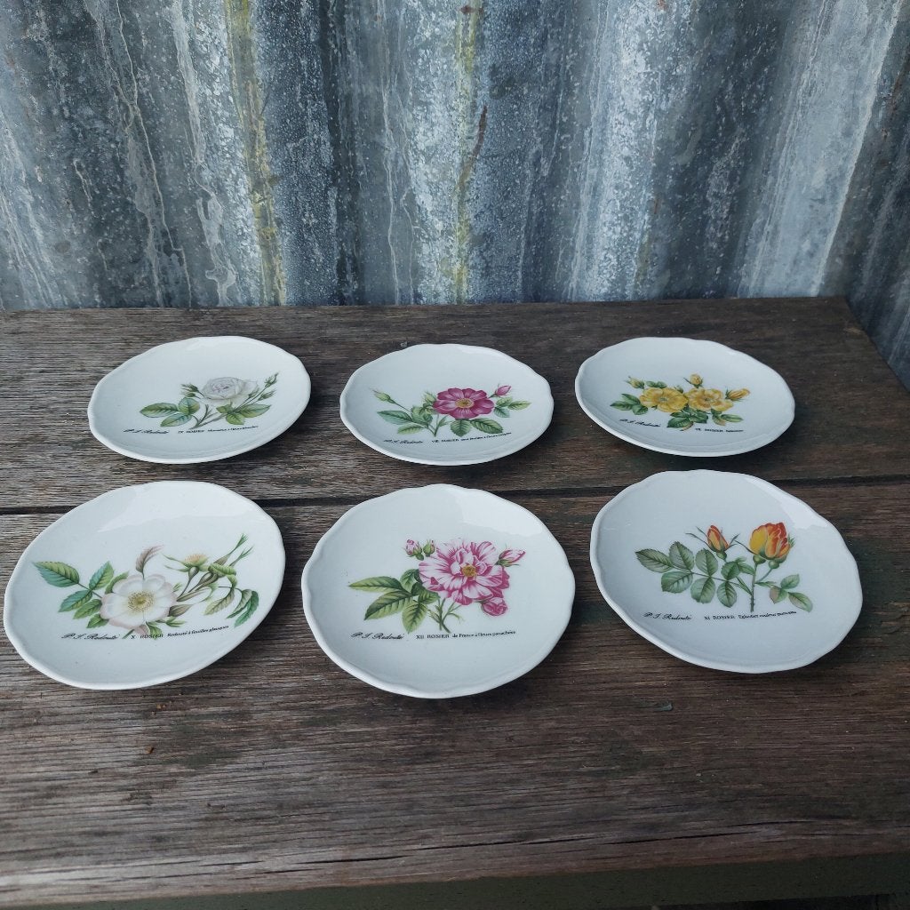 Set van 6 petit four bordjes of theetipjes met Redoute rozen, Ophalen of Verzenden