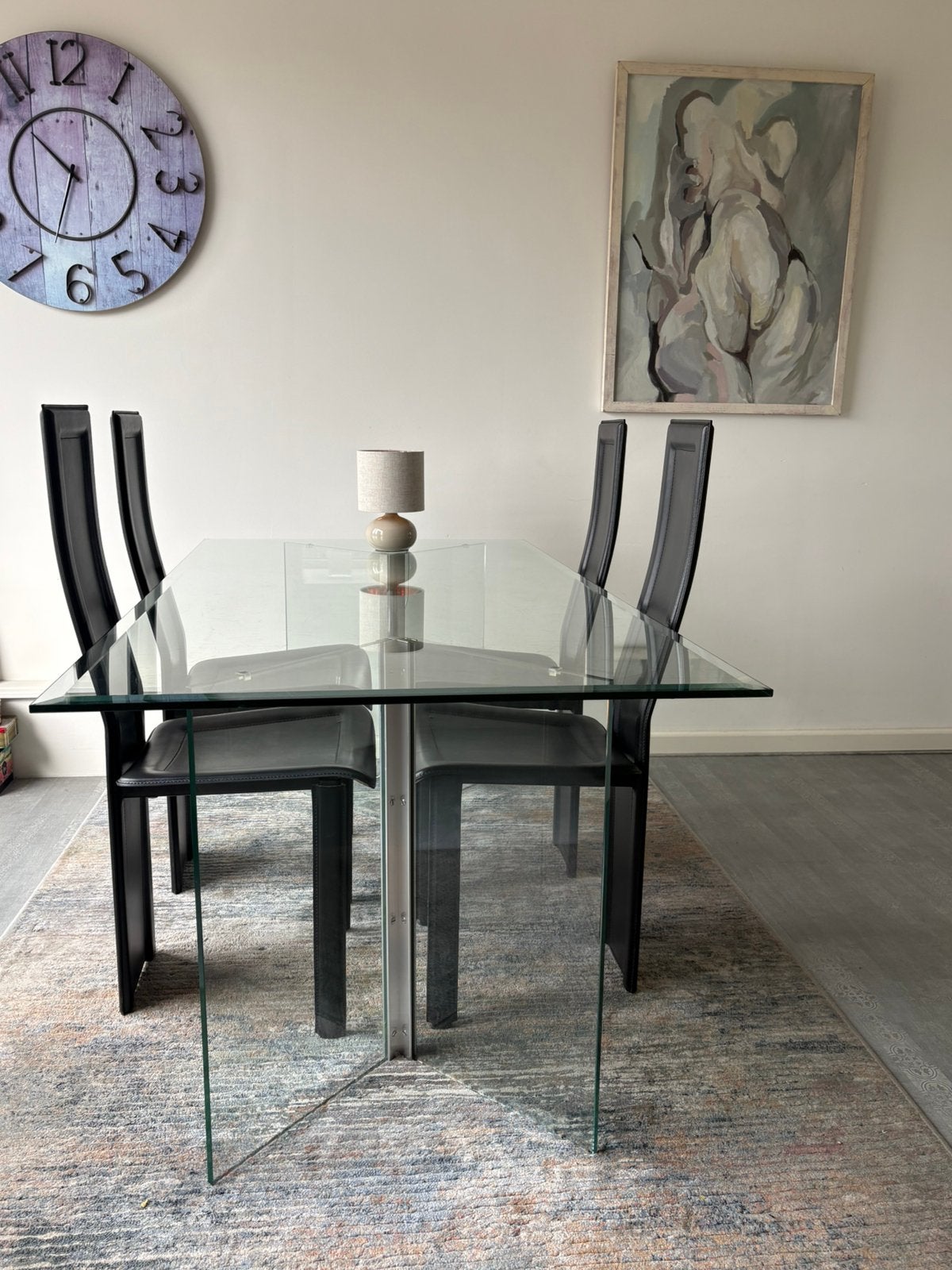 Gratis! Design Glazen eettafel met 4 stoelen, Ophalen, Gebruikt, 4 tot 6 stoelen