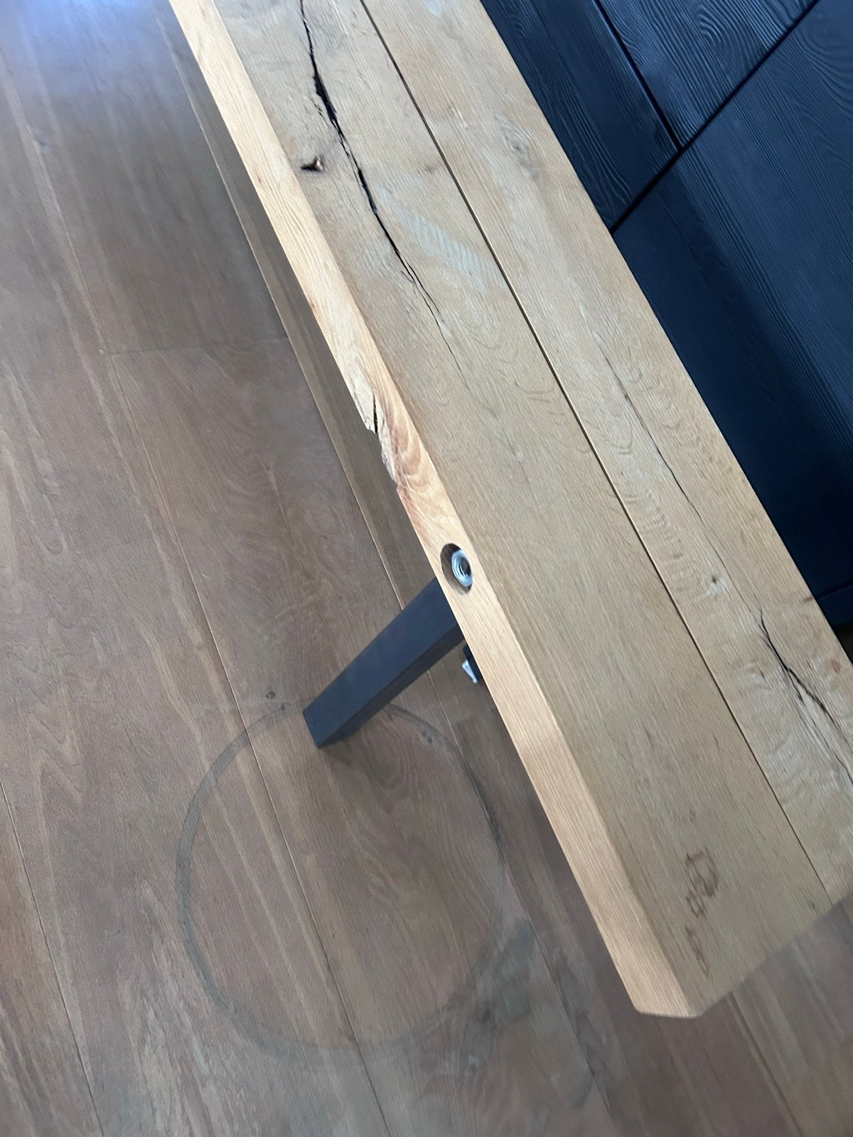 Industriële bank met metalen poten en eikenhouten balken, Ophalen of Verzenden, Zo goed als nieuw, Hout