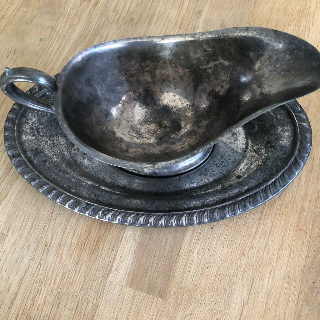 verzilverde sauskom met schotel, Antiek en Kunst, Ophalen of Verzenden