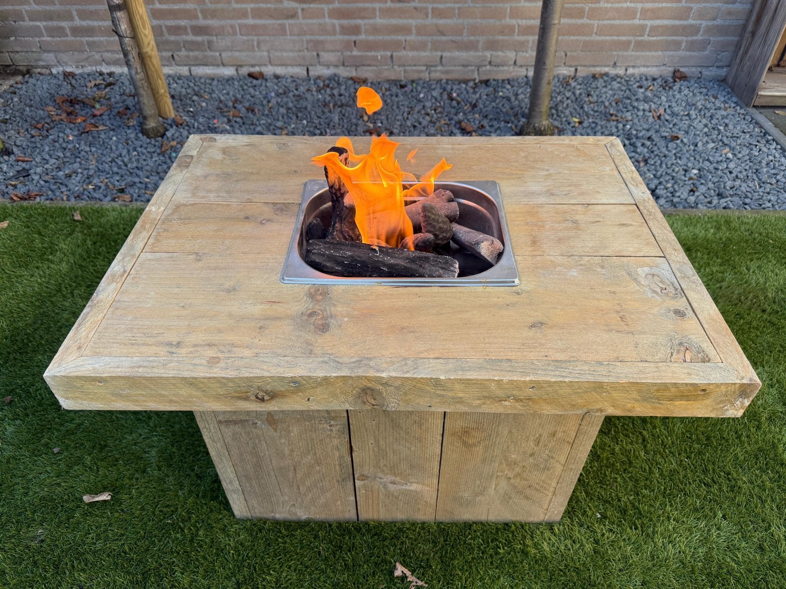 Houten vuurtafel met toebehoren, Ophalen, Gebruikt, Vuurkorf