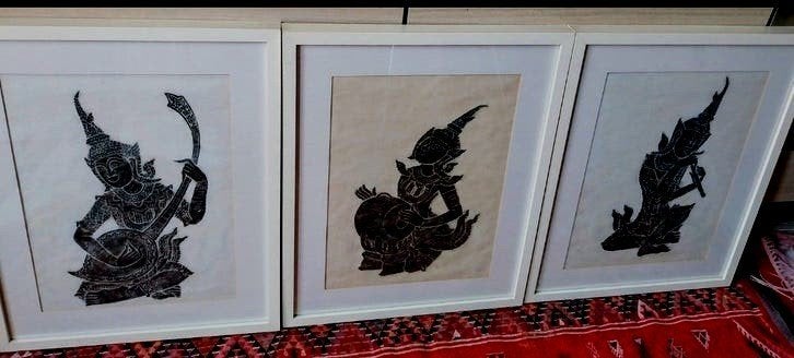 Set van 3 Thaise schaduwpoppen in lijst - Wanddecoratie, Antiek en Kunst, Wanddecoratie, Papier/karton, Ingelijst, Overige herkomsten
