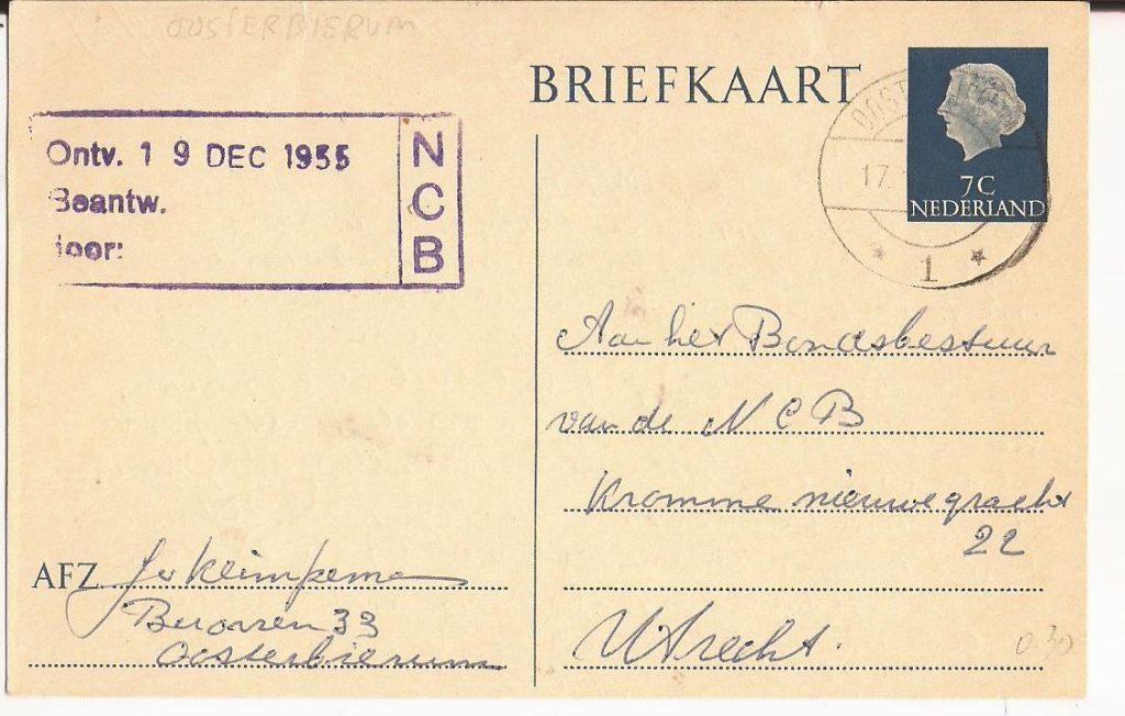 OOSTERBIERUM 1955 afz J v KRIMPEMAN Buorren 33, Ophalen of Verzenden, 1940 tot 1960, Gelopen, Friesland