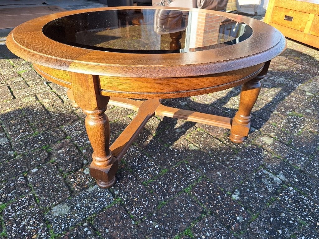 Ronde eiken salontafel met rookglas / salon tafel, Glas, Gebruikt, 100 tot 150 cm, Rond