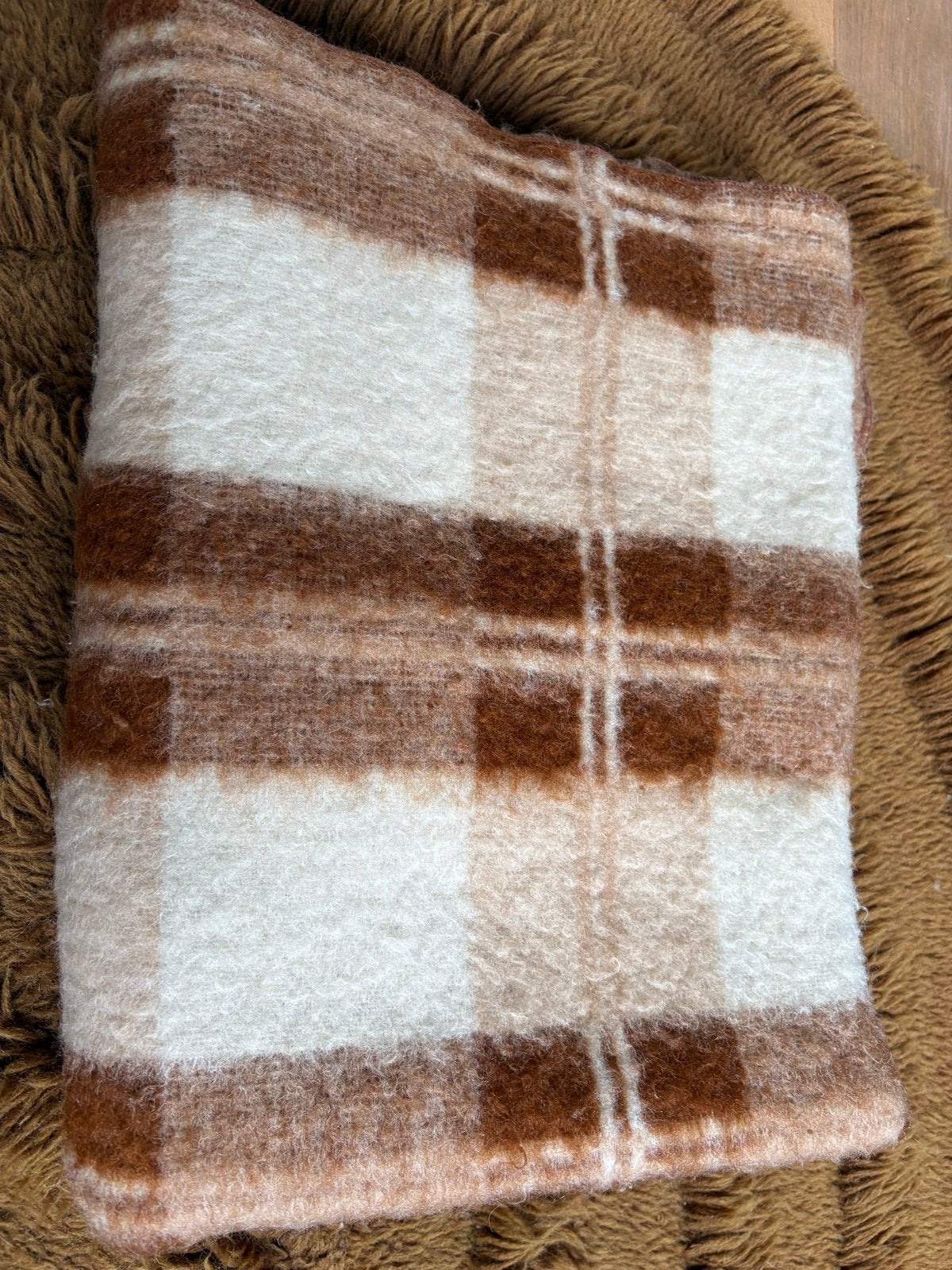 Vintage Bebejou wollen deken - bruin, beige, crème, Woondeken, Gebruikt, Wol, 135 cm